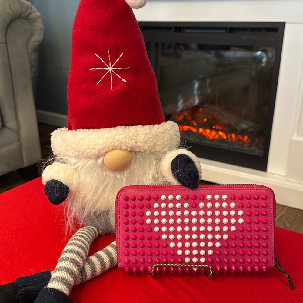 Christian Louboutin Panettone spike zip around wallet in pink and white NWOT!!